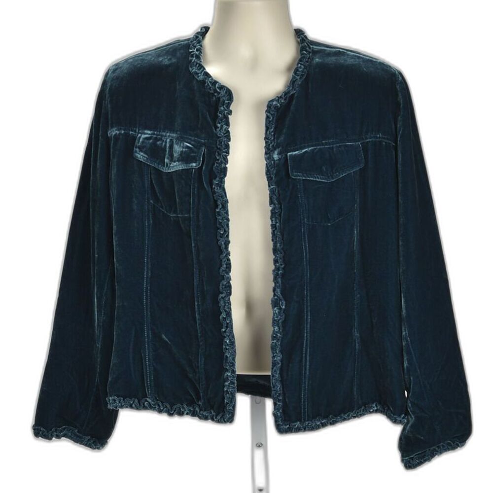 Chicos Teal Green Velvet Open Front Blazer with Ruffle Detailing Size 2?M